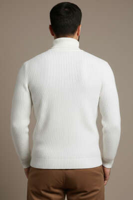 Pirinç Örgü Balıkçı Yaka Erkek Kazak Ekru - Erkek Kazak