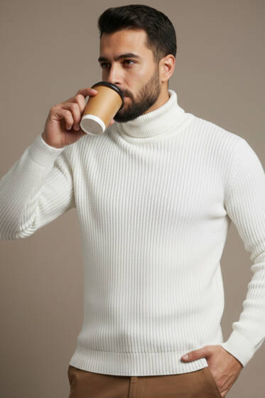 Pirinç Örgü Balıkçı Yaka Erkek Kazak Ekru - Yılın Fırsatı