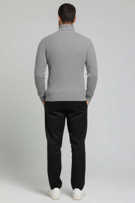 Pirinç Örgü Balıkçı Yaka Erkek Kazak Gri - Erkek Kazak