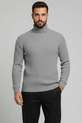 Pirinç Örgü Balıkçı Yaka Erkek Kazak Gri - YNR YENER TRİKO