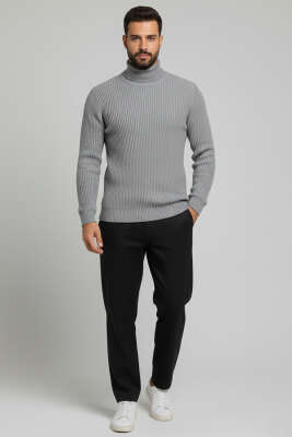 Pirinç Örgü Balıkçı Yaka Erkek Kazak Gri - Yılın Fırsatı