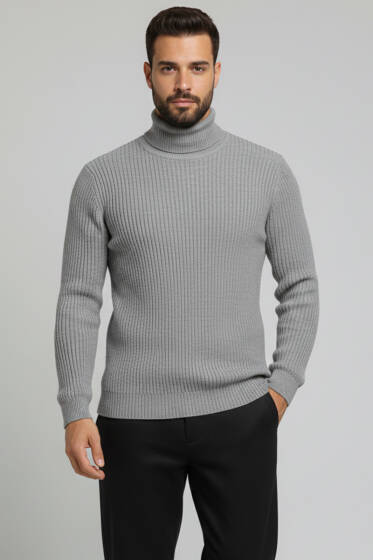 Pirinç Örgü Balıkçı Yaka Erkek Kazak Gri - Yılın Fırsatı