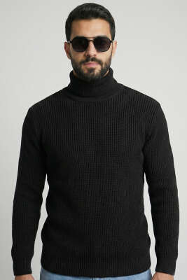 Pirinç Örgü Balıkçı Yaka Erkek Kazak Siyah - YNR YENER TRİKO