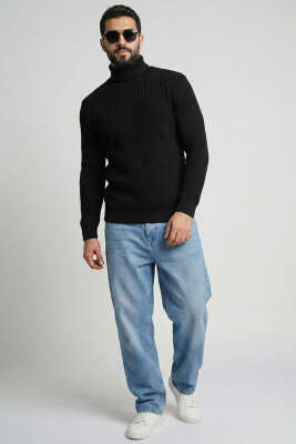 Pirinç Örgü Balıkçı Yaka Erkek Kazak Siyah - Yılın Fırsatı