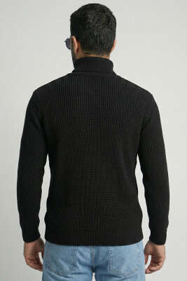 Pirinç Örgü Balıkçı Yaka Erkek Kazak Siyah - Yılın Fırsatı