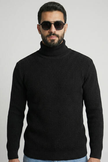 Pirinç Örgü Balıkçı Yaka Erkek Kazak Siyah - Yılın Fırsatı