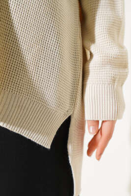 Pirinç Örgü Basic Oversize Tunik Bej - Triko Tunik