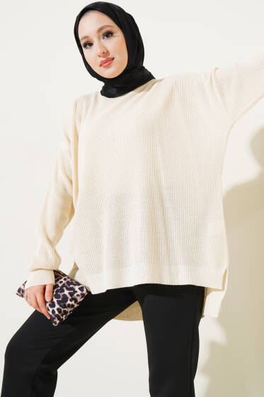 Pirinç Örgü Basic Oversize Tunik Bej - Tunik