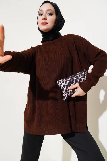 Pirinç Örgü Basic Oversize Tunik Kahve - Triko Tunik