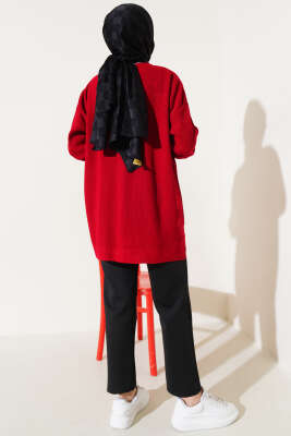 Pirinç Örgü Basic Oversize Tunik Kırmızı - Triko Tunik