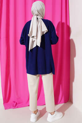 Pirinç Örgü Basic Oversize Tunik Lacivert - Triko Tunik