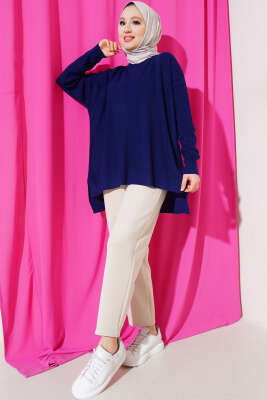 Pirinç Örgü Basic Oversize Tunik Lacivert - Triko Tunik