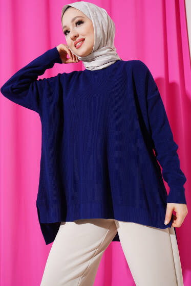 Pirinç Örgü Basic Oversize Tunik Lacivert - Tunik