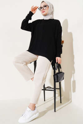Pirinç Örgü Basic Oversize Tunik Siyah - Triko Tunik