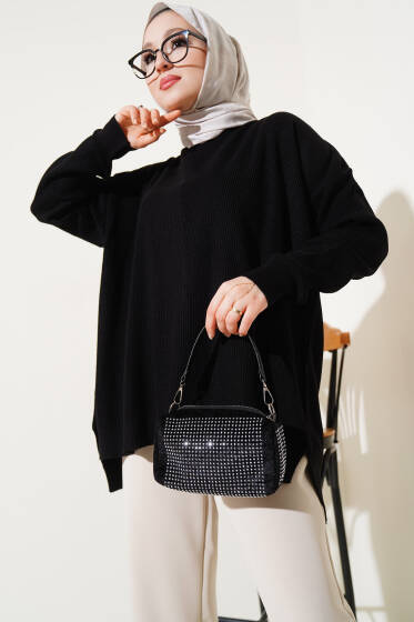 Pirinç Örgü Basic Oversize Tunik Siyah - Tunik