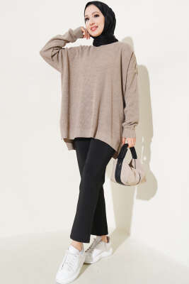 Pirinç Örgü Basic Oversize Tunik Vizon - Triko Tunik