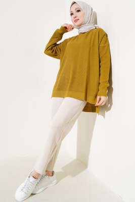 Pirinç Örgü Basic Oversize Tunik Yağ Yeşili - Triko Tunik