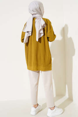 Pirinç Örgü Basic Oversize Tunik Yağ Yeşili - Triko Tunik
