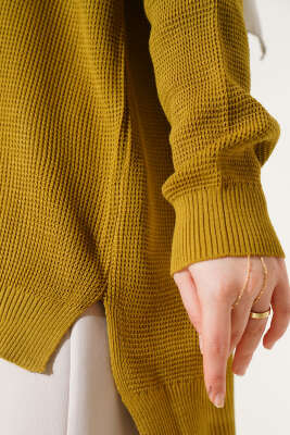 Pirinç Örgü Basic Oversize Tunik Yağ Yeşili - Triko Tunik