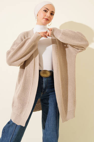 Pirinç Örgü Basic Triko Hırka Bej - Hırka