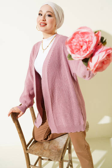 Pirinç Örgü Basic Triko Hırka Gül Kurusu - Hırka