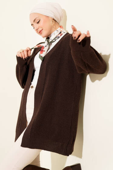 Pirinç Örgü Basic Triko Hırka Kahve - Hırka