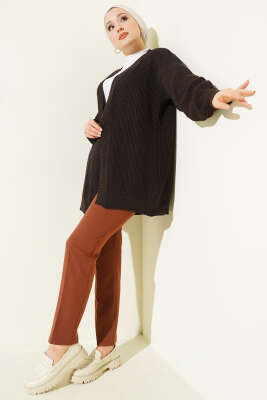 Pirinç Örgü Basic Triko Hırka Kahve - Hırka