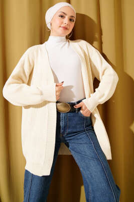 Pirinç Örgü Basic Triko Hırka Krem - RAFİMİX