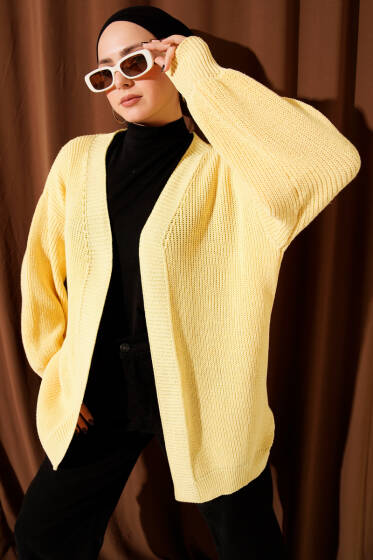 Pirinç Örgü Basic Triko Hırka Sarı - Hırka