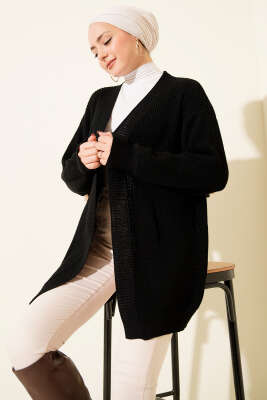 Pirinç Örgü Basic Triko Hırka Siyah - RAFİMİX