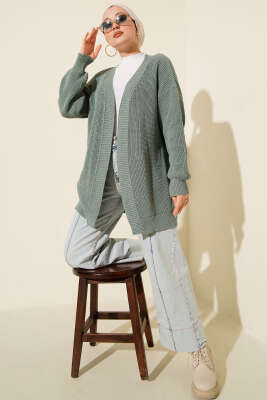 Pirinç Örgü Basic Triko Hırka Su Yeşili - Hırka