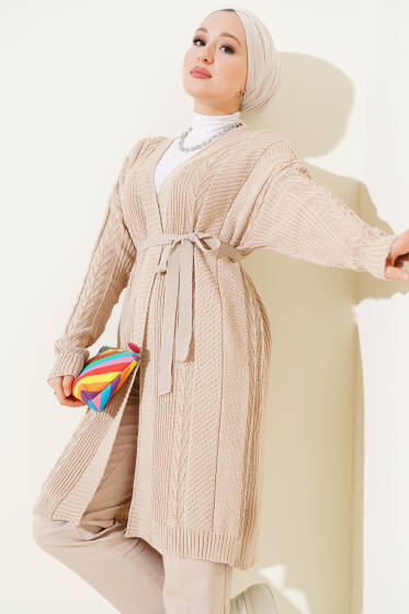 Pirinç Örgü Desenli Kuşaklı Triko Hırka Bej - Hırka