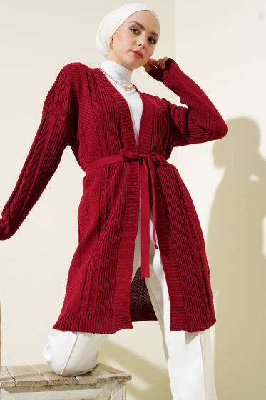 Pirinç Örgü Desenli Kuşaklı Triko Hırka Bordo - Hırka