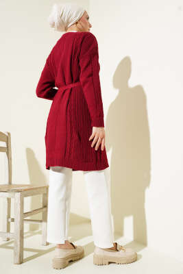 Pirinç Örgü Desenli Kuşaklı Triko Hırka Bordo - Triko Hırka