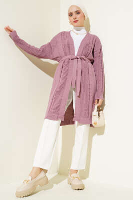 Pirinç Örgü Desenli Kuşaklı Triko Hırka Gül Kurusu - Triko Hırka