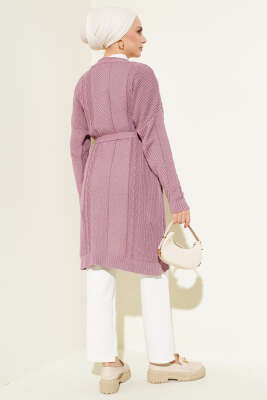 Pirinç Örgü Desenli Kuşaklı Triko Hırka Gül Kurusu - Triko Hırka