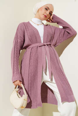 Pirinç Örgü Desenli Kuşaklı Triko Hırka Gül Kurusu - Triko Hırka