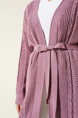 Pirinç Örgü Desenli Kuşaklı Triko Hırka Gül Kurusu - Triko Hırka