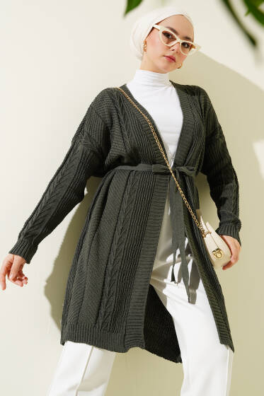 Pirinç Örgü Desenli Kuşaklı Triko Hırka Haki - Hırka