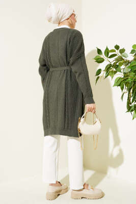 Pirinç Örgü Desenli Kuşaklı Triko Hırka Haki - Triko Hırka