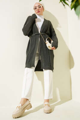 Pirinç Örgü Desenli Kuşaklı Triko Hırka Haki - Triko Hırka