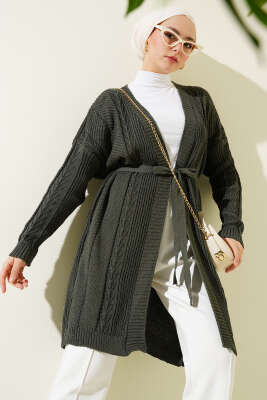 Pirinç Örgü Desenli Kuşaklı Triko Hırka Haki 