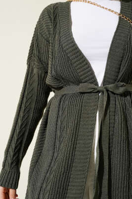 Pirinç Örgü Desenli Kuşaklı Triko Hırka Haki - Triko Hırka