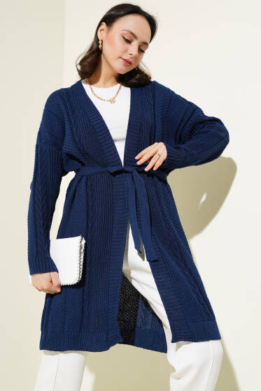 Pirinç Örgü Desenli Kuşaklı Triko Hırka Lacivert - Hırka