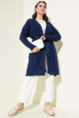 Pirinç Örgü Desenli Kuşaklı Triko Hırka Lacivert - Triko Hırka