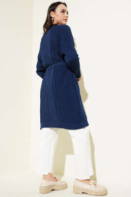 Pirinç Örgü Desenli Kuşaklı Triko Hırka Lacivert - Triko Hırka