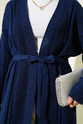 Pirinç Örgü Desenli Kuşaklı Triko Hırka Lacivert - Triko Hırka