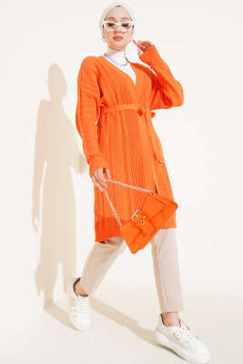 Pirinç Örgü Desenli Kuşaklı Triko Hırka Oranj - Triko Hırka