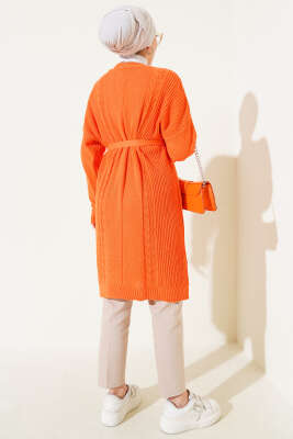 Pirinç Örgü Desenli Kuşaklı Triko Hırka Oranj - Triko Hırka