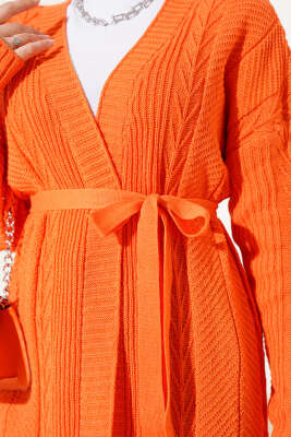 Pirinç Örgü Desenli Kuşaklı Triko Hırka Oranj - Triko Hırka